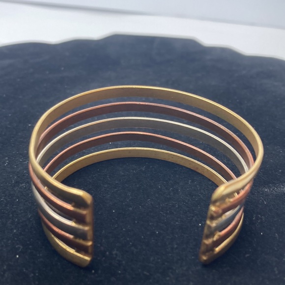 Mixed Metal Tone Stacked Look Cuff Bracelet Silver Gold Bronze - Picture 10 of 15